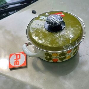 1970s Vintage Enamel Stock Pot Olive Leaves Floral Austria Email w tags NEW old